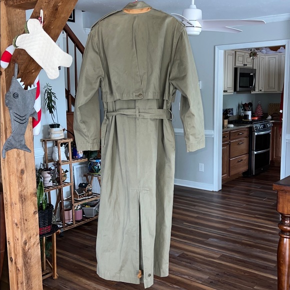 Vintage Together Khaki Green Size 10 Tall Trench Coat with Leather Accents - Picture 5 of 9
